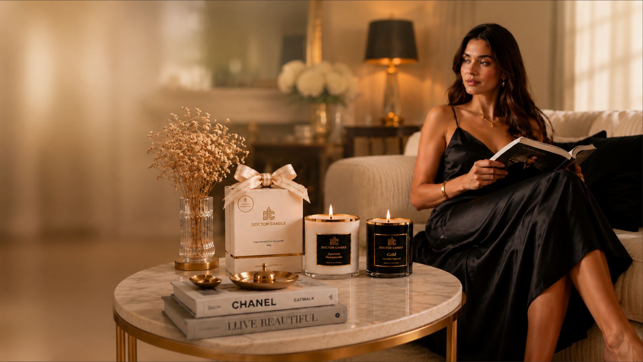 Doctor Candle candles styled on a marble table with a woman relaxing on the couch in an elegant living room