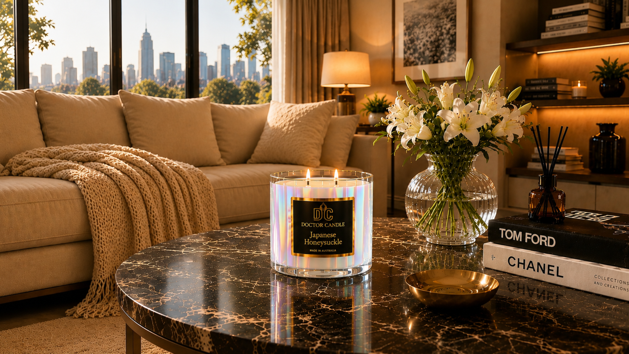 Doctor Candle luxury soy candle styled in a bright living room with white lilies – hand-poured, made in Australia