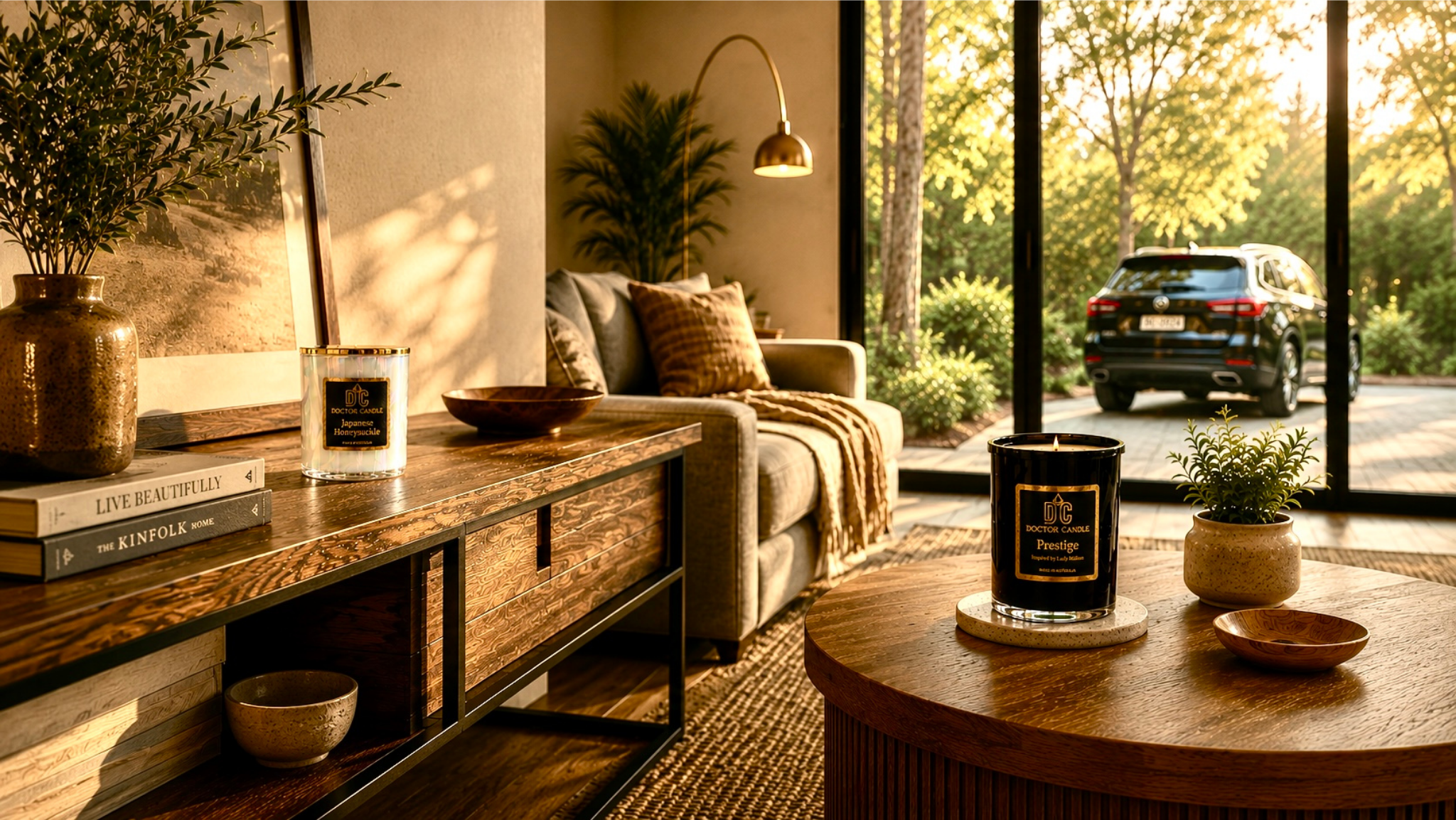 Doctor Candle soy candle styled in a sunlit modern living room – lifestyle scene, hand-poured, made in Australia