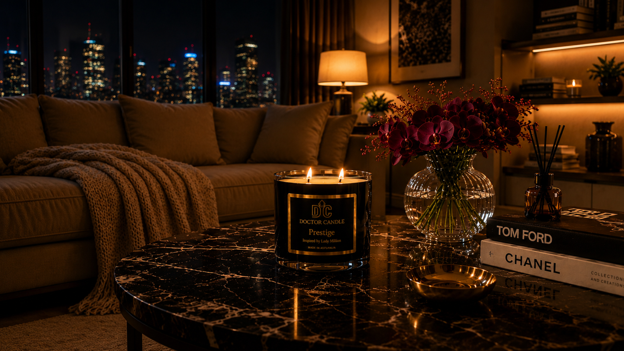 Doctor Candle luxury soy candle burning in a cozy evening setting with city lights – hand-poured, made in Australia